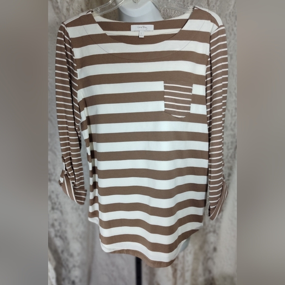 Coral Bay Taupe Brown and White Striped Knit Top Size L. Nwot - Picture 1 of 3